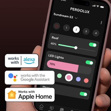 PERGOLUX-App zur Steuerung der Sundream S3 Pergola – kompatibel mit Alexa, Google Assistant und Apple Home.