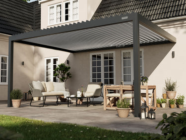 PERGOLUX Sundream S2 Pergola PERGOLUX Anthrazit Pergola mit weißem Lamellendach 4x5m Wandmontage