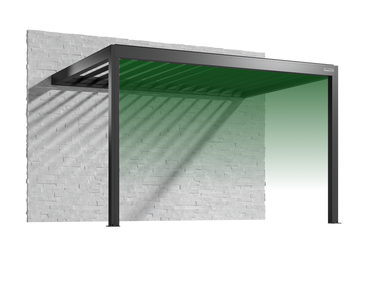Pergolux Pergola – Auswahl der vorderen Seitenwand bei wandmontiertem Modell.