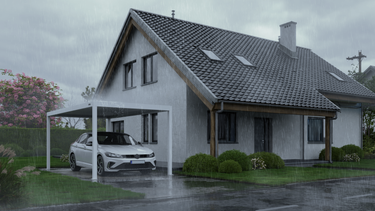 Pergolux Carport vor Einfamilienhaus – Schützt Auto vor Regen
