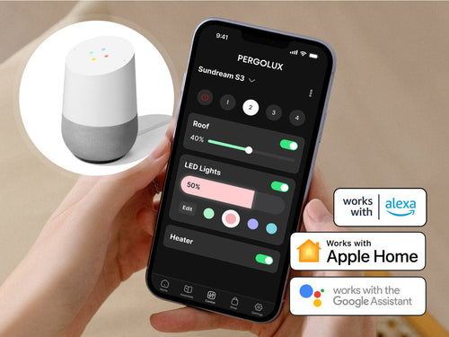 Smartphone mit Pergolux-App zur Steuerung der Sundream S3 Pergola. Kompatibel mit Alexa, Apple Home und Google Assistant.