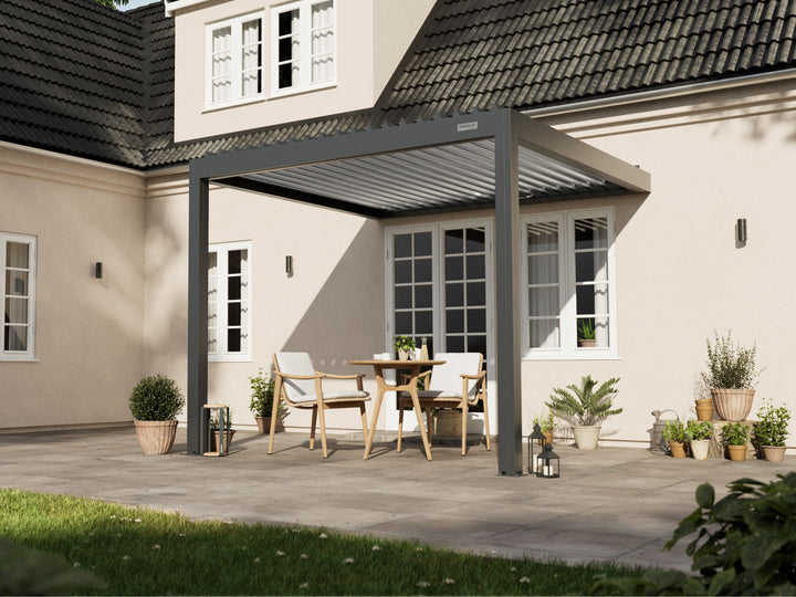 PERGOLUX Sundream S2 Pergola PERGOLUX Anthrazit Pergola mit weißem Lamellendach 3x3m Wandmontage