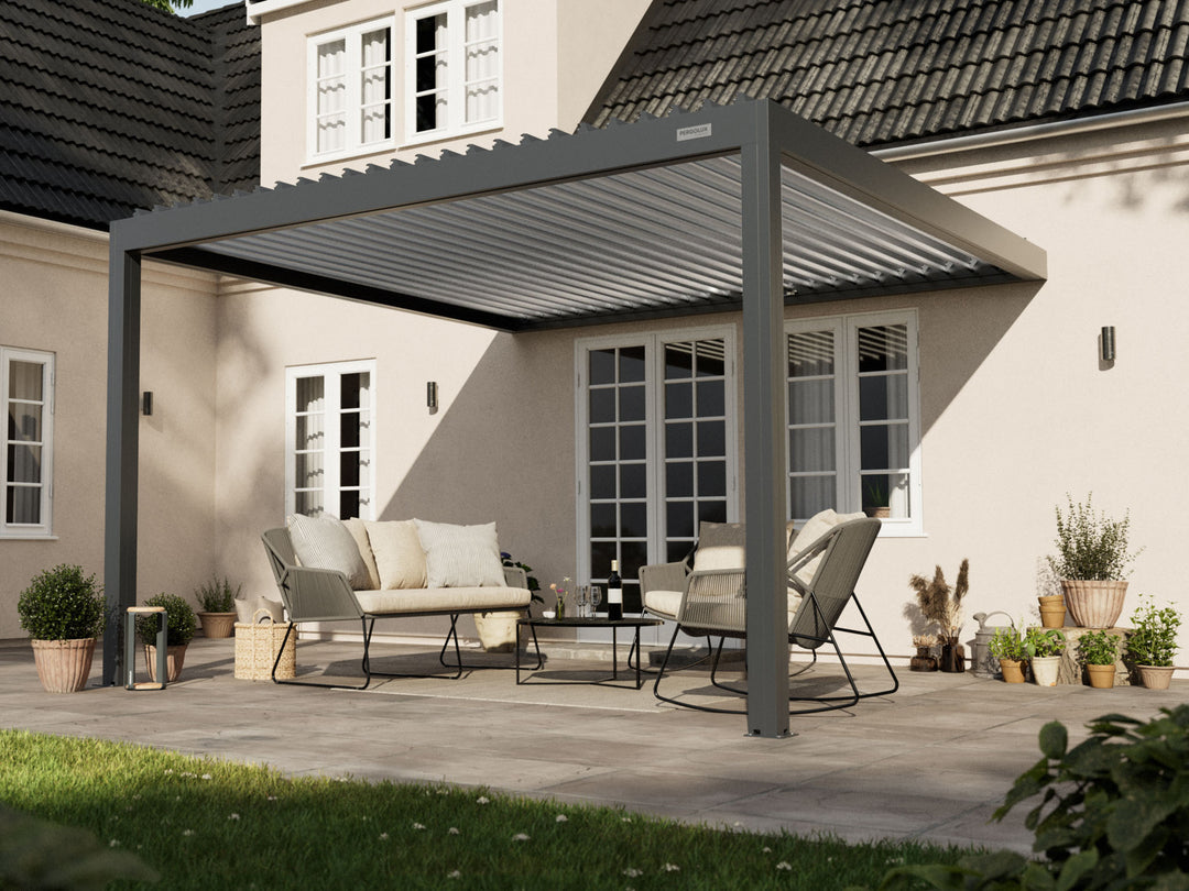 PERGOLUX Sundream S2 Pergola PERGOLUX Anthrazit Pergola mit weißem Lamellendach 4x4m Wandmontage
