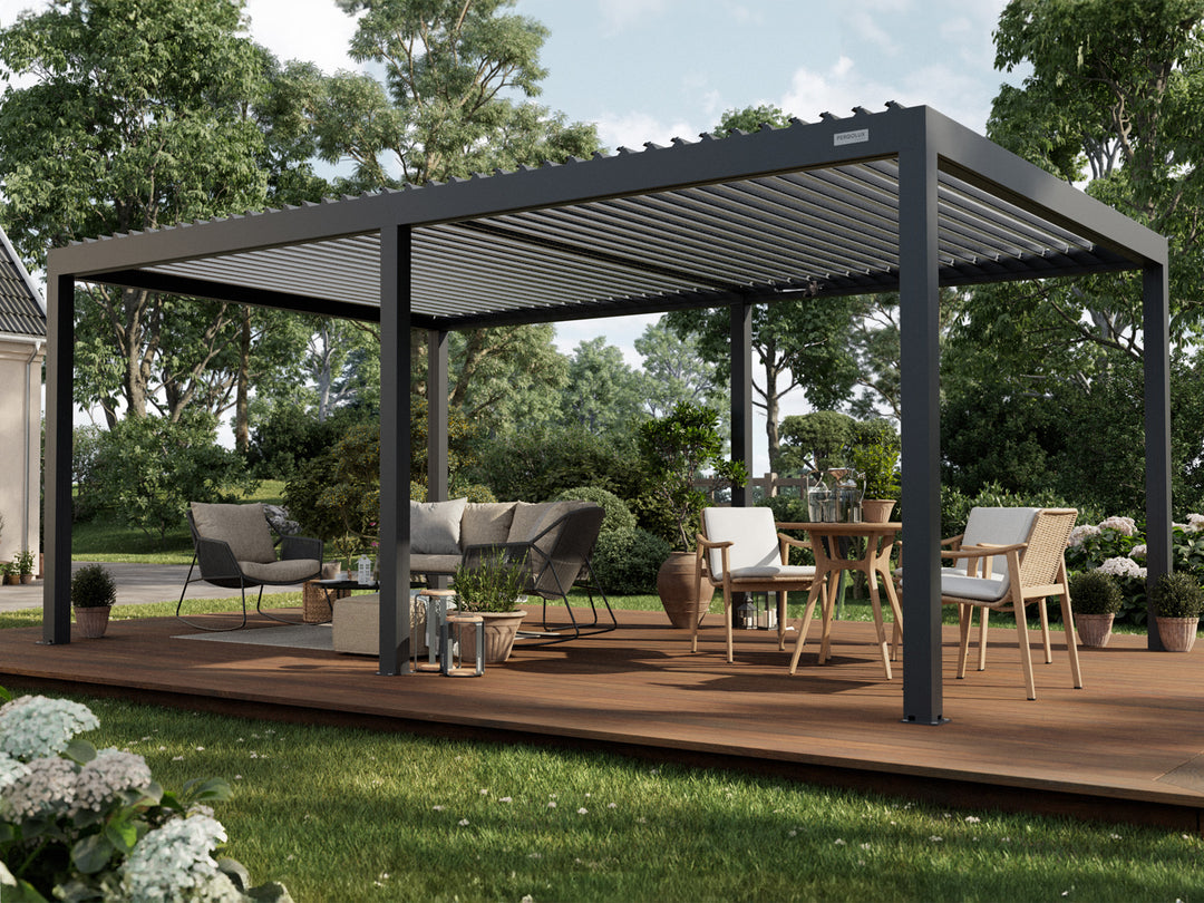 PERGOLUX Sundream S2 Pergola PERGOLUX Anthrazit Pergola mit weißem Lamellendach 4x6m Freistehend