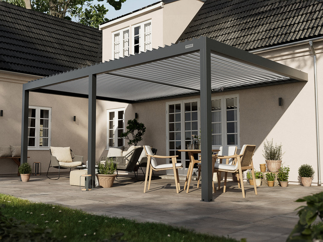 PERGOLUX Sundream S2 Pergola PERGOLUX Anthrazit Pergola mit weißem Lamellendach 4x6m Wandmontage