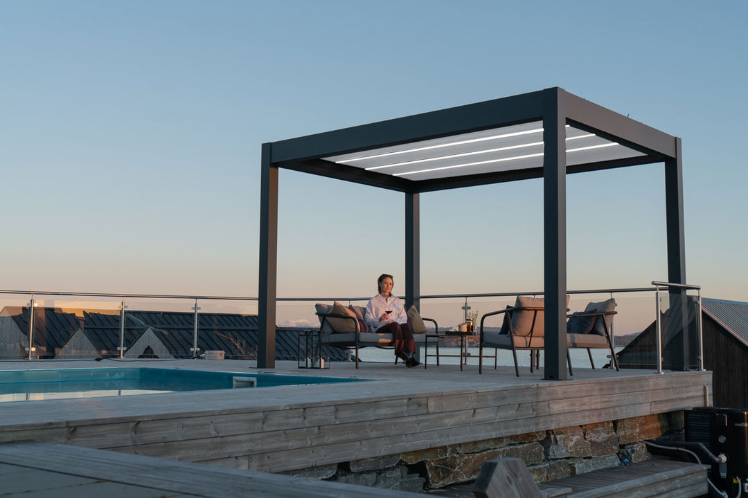 PERGOLUX Skydance S2 Pergola PERGOLUX Anthrazit Pergola mit weißem Lamellendach 4x4m 