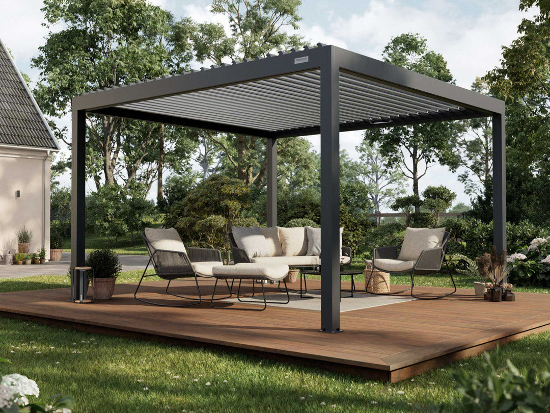 PERGOLUX Pergola S2 Pergola PERGOLUX Anthrazit Pergola mit weißem Lamellendach 4x4m Freistehend