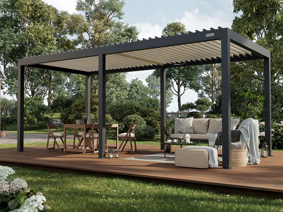 PERGOLUX Pergola S2 Pergola PERGOLUX Anthrazit Pergola mit weißem Lamellendach 3x6m Freistehend