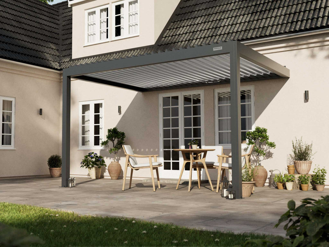 PERGOLUX Pergola S2 Pergola PERGOLUX Anthrazit Pergola mit weißem Lamellendach 3x4m Wandmontage