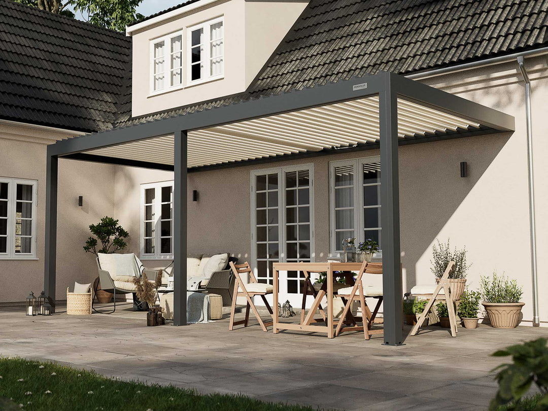 PERGOLUX Pergola S2 Pergola PERGOLUX Anthrazit Pergola mit weißem Lamellendach 3x6m Wandmontage