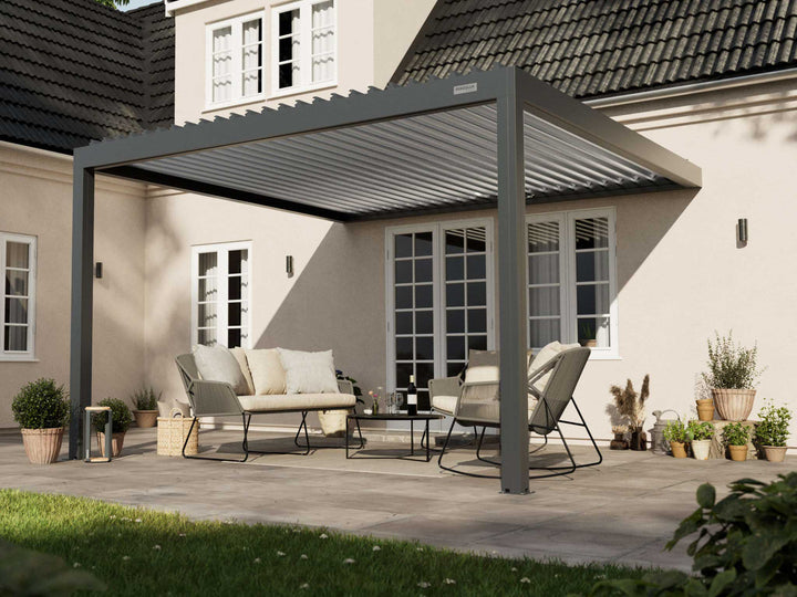 PERGOLUX Pergola S2 Pergola PERGOLUX Anthrazit Pergola mit weißem Lamellendach 4x4m Wandmontage